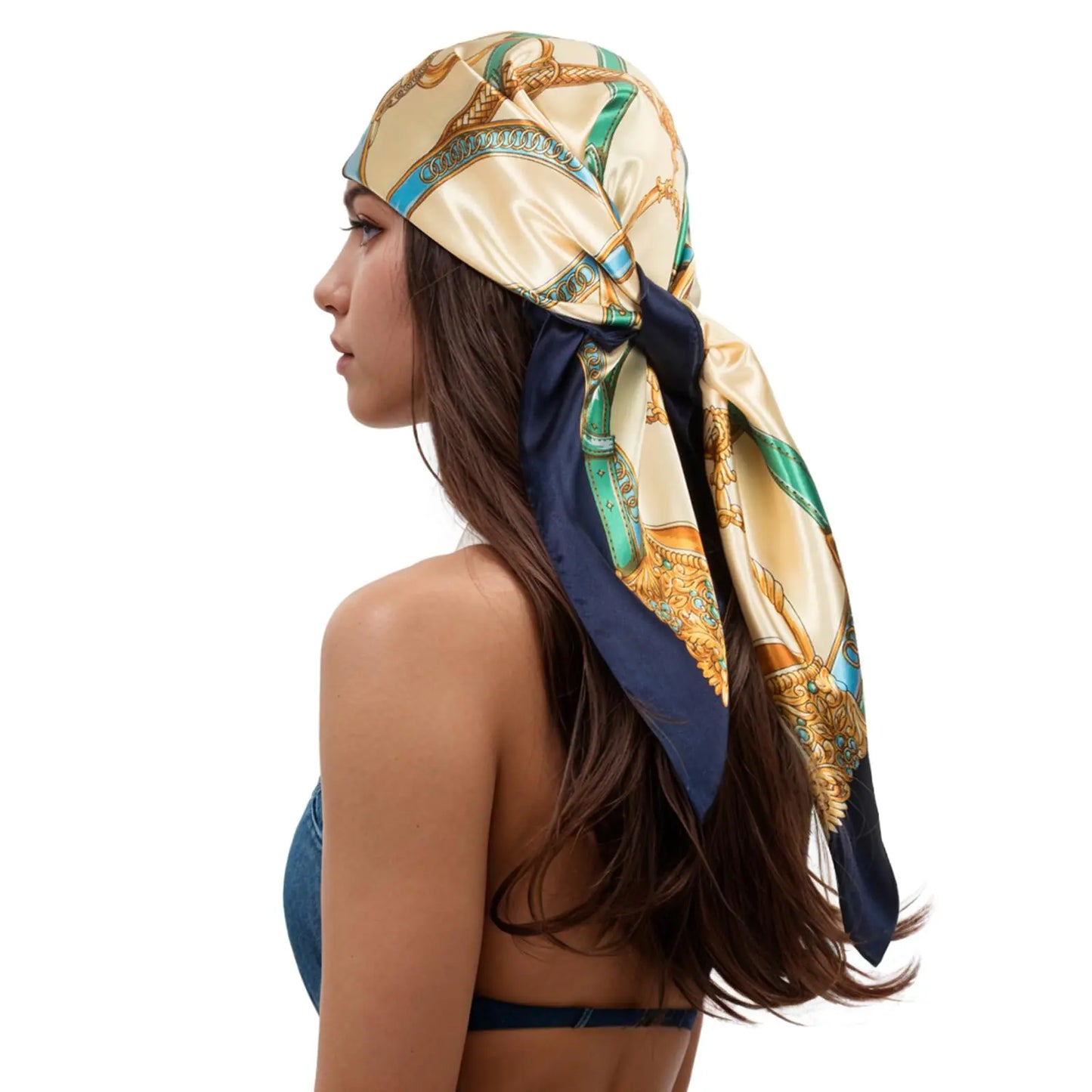 RIIQIICHY Head Scarf for Women Like Silk Scarf Hair Scarf Printed Square Scarf Bandanas for Women 35 Inches Navy/Yellow/Gold/Green/Blue